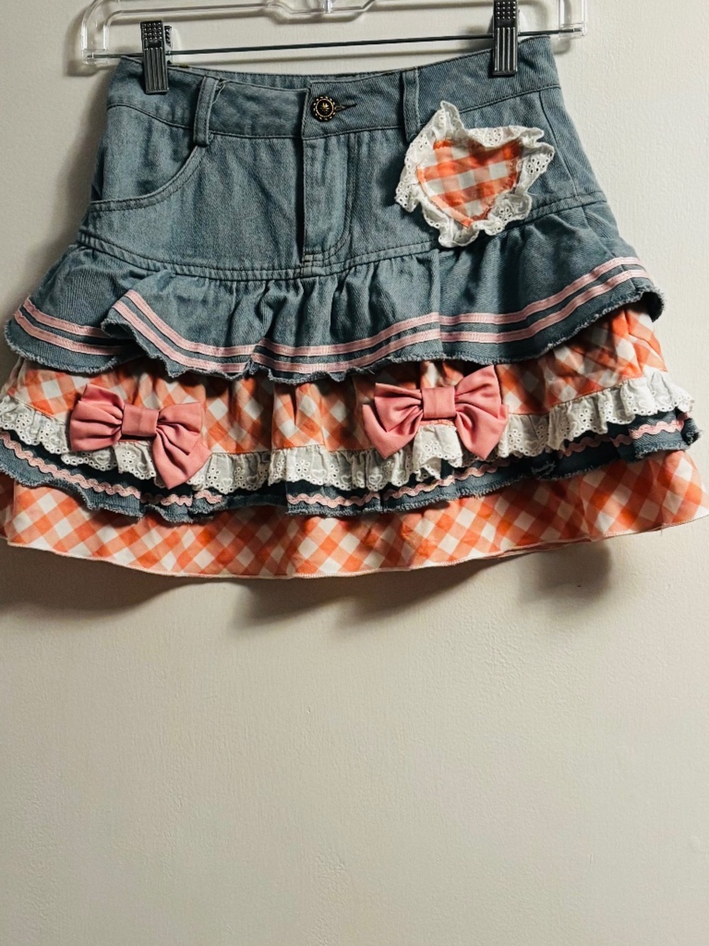 Unbranded Denim Tiered Skirt with Plaid And Lace Ruffles Sz S